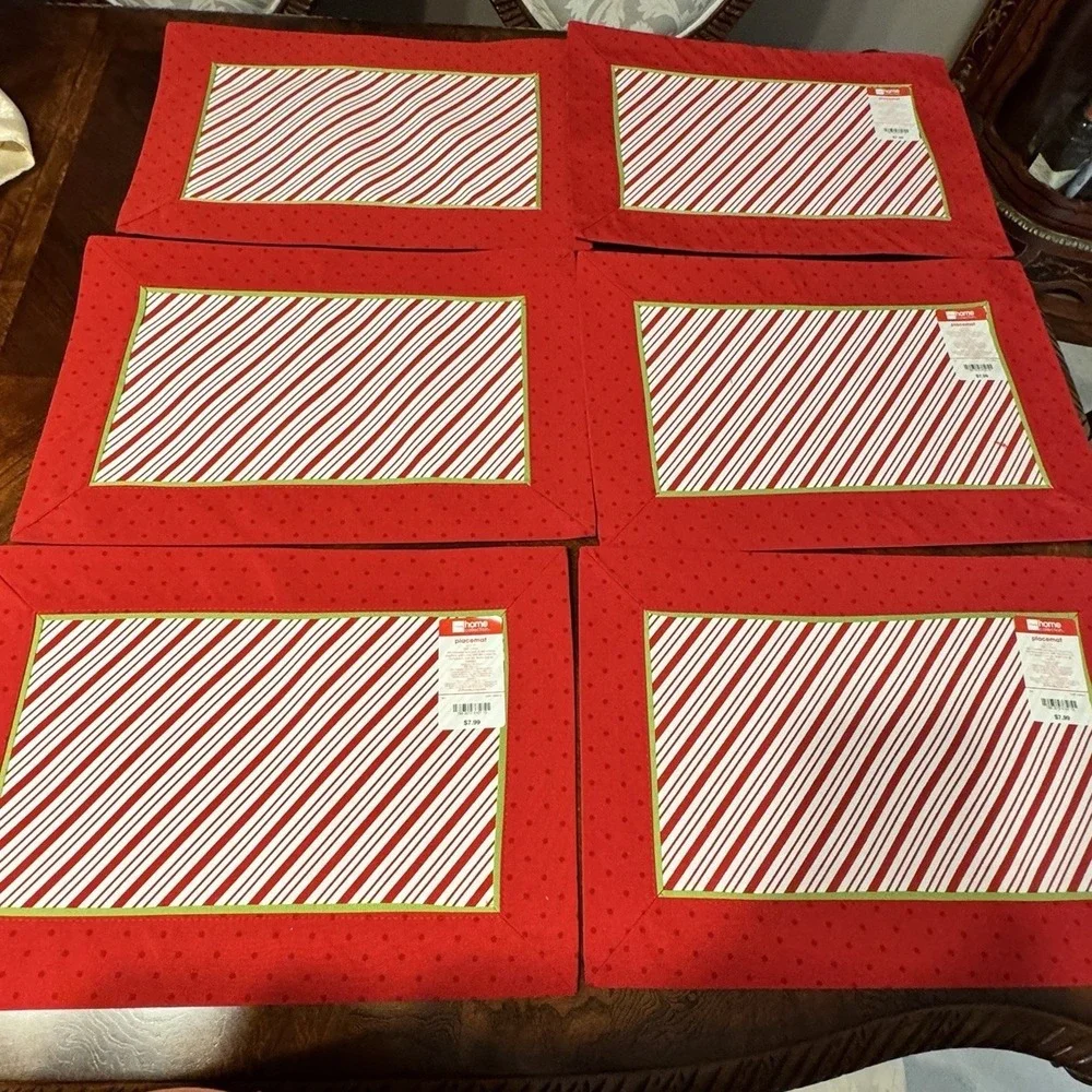 Set 6 JCPenny Christmas Placemats Reversible Red White Candy Cane Stripe Festiva
